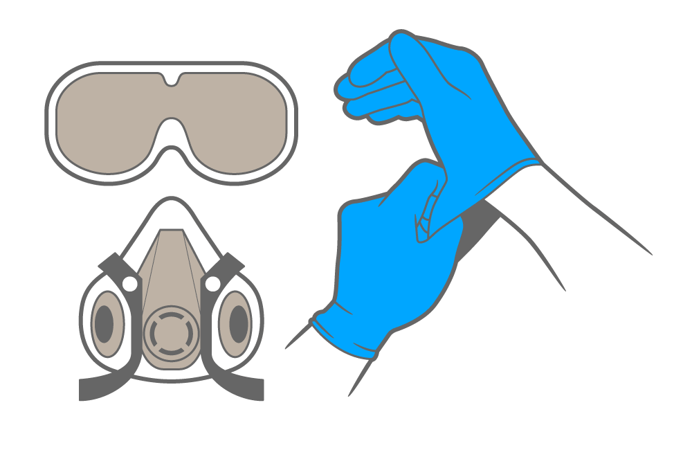 Safety equipment used to unclog a toilet. Goggles, gloves, and a respirator.