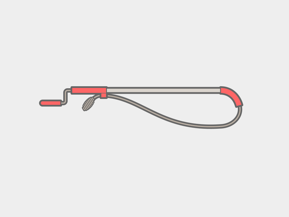 Motion graphic showing how to unclip the auger head and fully extend the toilet auger