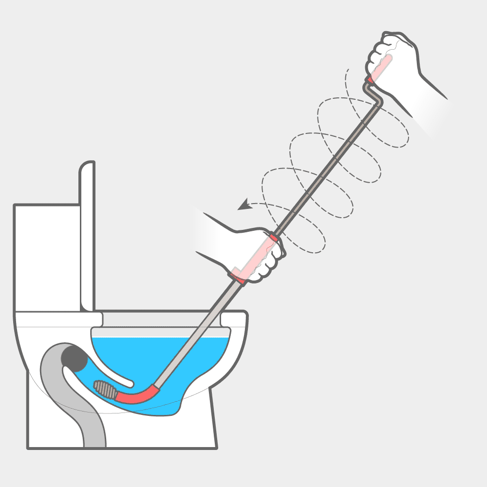 Motion graphic showing the proper usage of a toilet auger. From fully extended and spinning the crank handle all the way down to the holding handle.